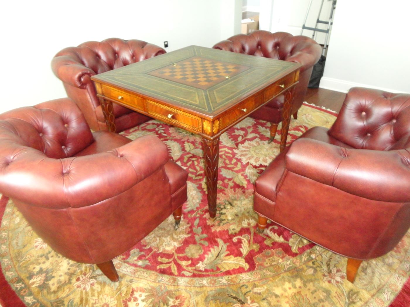 Maitland-Smith Hopkins Game Table/Leather Top Brass and Mahogany carved legs features a drawer on each side/40" x 40" x 30" h