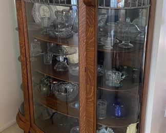 Antique Oak Bow Front China Cabinet with Leaded Glass