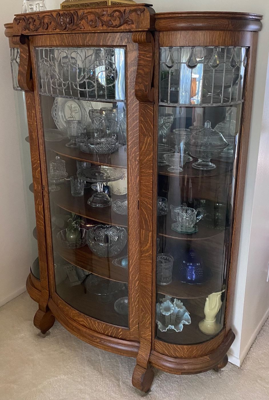 Antique Oak Bow Front China Cabinet with Leaded Glass