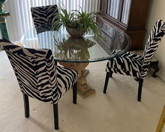 Glass Top Table with Four Zebra Patterned Chairs (Chairs Have Been Sold)