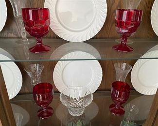 Red Fostoria Goblets and Oscar De La Renta Plates