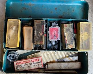 Vintage Tackle Box with Some Lures and Gear