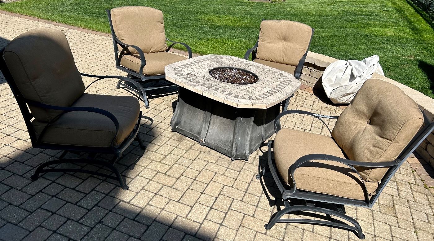 5 pc with (8) 24”x 22” Sunbrela cushions 
FIRE Table Set $595
Fire Table (no Propane tank) 46 Sq x 24”h
4 Cast Aluminum Chairs bounce/rock 26.5w x 30d x 38”h (19.5 top of cushion seat to ground)

