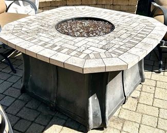 5 pc with (8) 24”x 22” Sunbrela cushions 
FIRE Table Set $595
4 Cast Aluminum Chairs bounce/rock 26.5w x 30d x 38”h (19.5 top of cushion seat to ground)
Fire Table (no Propane tank) 46 Sq x 24”h
