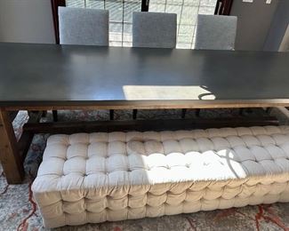 Restoration Hardware, ZINC TOP Rectangle, Dining Table with Reclaimed Wood Legs, 10’ long x 39.5 “w x 31”h - see Description $2500
5 RH Hudson Gray Upholstered Arm Chairs $215 ea
Art Van Button Tuck Oatmeal Upholstered Bench 79”long x 17.5d x 17h $150
Complete 7pc set $3725.00