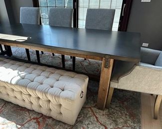 Restoration Hardware, ZINC TOP Rectangle, Dining Table with Reclaimed Wood Legs, 10’ long x 39.5 “w x 31”h - see Description $2500
5 RH Hudson Gray Upholstered Arm Chairs $215 ea
Art Van Button Tuck Oatmeal Upholstered Bench 79”long x 17.5d x 17h $150
Complete 7 pc set $3725.00