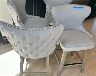 4 button tuck back, gray upholstered grommet trimmed, weathered wood leg counter height bar stools 24w x 20.5d x 39”h $75 each
All 4 for $300