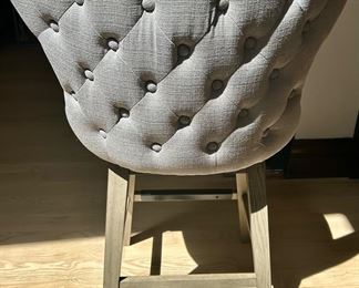   button tuck back, gray upholstered grommet trimmed, weathered wood leg counter height bar stools 24w x 20.5d x 39”h $75 each
All 4 for $300