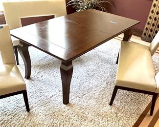 Complete set w/ Table, 2 Benches, 2 Chairs $1595 
*Pottery Barn Table 72” x 40 x 30”h with (2) 18” leaves $595
*(2)Pier One Cream Leather Cutout Banquettes $395 ea; 46”w x 20.5d x 35.5h (18” floor to seat) 
*(2) Pier One Cream Leather Cutout CHAIRS $139ea; 21”sq x 35.5h (18” floor to seat)