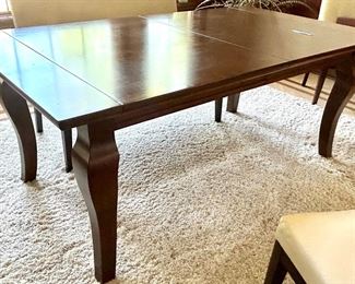 *Pottery Barn Table 72” x 40 x 30”h with (2) 18” leaves $595
*Complete set w/ Table, 2 Benches, 2 Chairs $1595
*(2)Pier One Cream Leather Cutout Banquettes $395 ea; 46”w x 20.5d x 35.5h (18” floor to seat) 
*(2) Pier One Cream Leather Cutout CHAIRS $139ea; 21”sq x 35.5h (18” floor to seat)