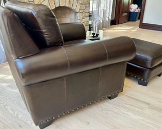 Brown leather ArmChair with Grommet Accents, (43.5w x 34d x 37”h; 20” floor to seat)
$250
Footrest 26 x 23 x 16h $95