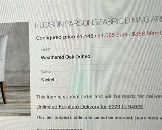 Original price for dining chairs
Selling for: 5 RH Hudson Gray Upholstered Arm Chairs $215 ea