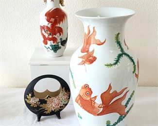 1920s era foo dog painted Chinese vase (upper left), large vintage Chinese painted koi fish vase (lower right), painted porcelain basket