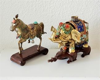 Metal horse and elephant figurines with semi-precious stone ornamentation