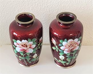 Pair of Cloisonne pigeon blood vases
