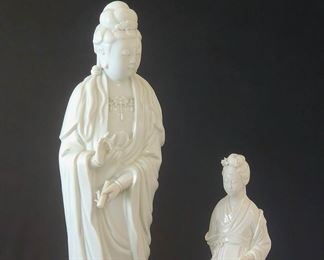 Blanc de chin Guan-yin (left), lady with basket of flowers (right)