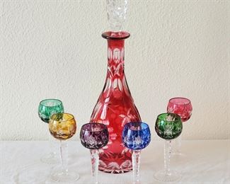 Bohemian glass decanter and 6 glasses