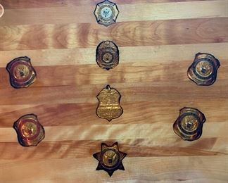 Badges from 1985 Presidential Inauguration. D.C. Fire Dept, U.S. Capitol Police, D.C. Metropolitan Police, U.S. Secret Service Uniformed Division, FAA U.S. Airport Police, Metropolitan Washington Airport Fire Dept., Special Police Smithsonian Institution. These are set in a table top. 