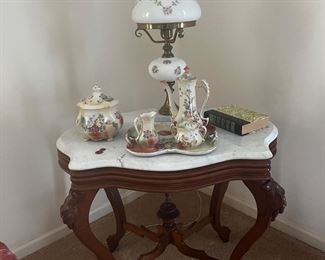 VICTORIAN MARBLE TOPPED OCCASIONAL TABLE w/BEAUTIFUL LAMP and GORGEOUS PRUSSIA CHOCOLATE SET w/BISCUIT JAR