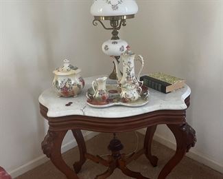VICTORIAN MARBLE TOPPED OCCASIONAL TABLE w/BEAUTIFUL LAMP and GORGEOUS PRUSSIA CHOCOLATE SET w/BISCUIT JAR