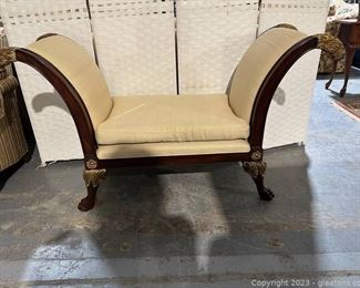Wood and Upholstered Bench with Claw Feet and Lion Head Detail