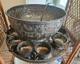 Silver Plate punch bowl, rattan shelves