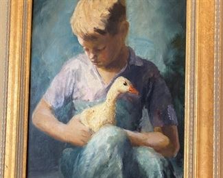 $295. Boy with a Duck Oil Painting.