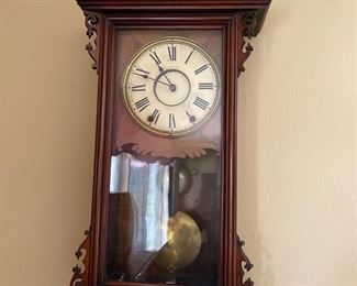 $395. American Hall Clock. Nice wood inlay.