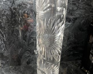 $195.  Rare 14” Tall cut glass cylinder vase.   Signed Dresden.   German 1950s modernism design.