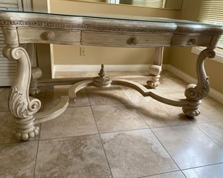 $350. DESK large with custom cut glass top.
60” wide
32” deep
32” tall
Nice .25” thick cut to fit glass on top.