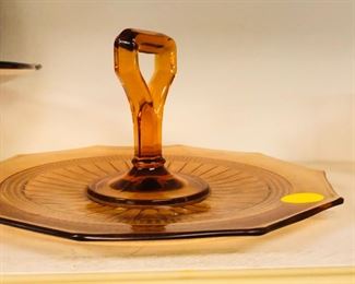 vintage depression glass amber handled server