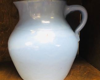 blue stoneware pottery pitcher marked 32