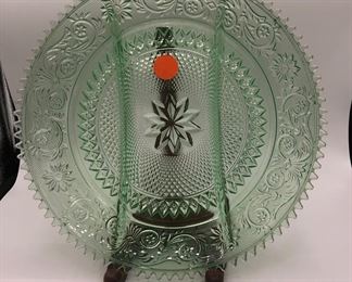 vintage tiara indiana glass green sandwich tray platter 3 section relish dish