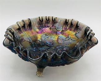 imperial rose carnival 3 footed bowl smoke peacock purple rose print