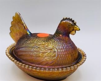 golden amber carnival glass hen