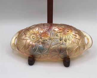 poinsettia 2 handle marigold oval carnival glass bowl