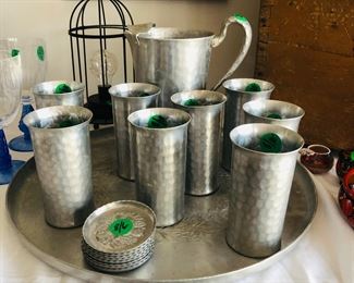 vintage hammered aluminum pitcher, tumblers, coasters and tray