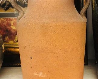 Double handled jar unglazed outside glazed inside/old