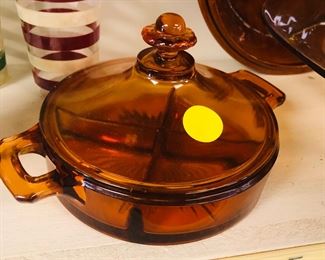 vintage amber glass 4 section dish lidded