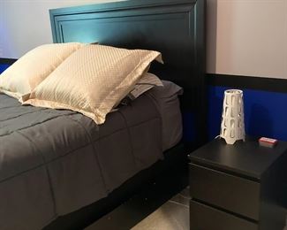 Ikea bedroom set. Queen bed, side table, long chest and tall chest of drawers, modern desk