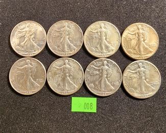 LOT 8 - 8 WALKING LIBERTY HALF DOLLARS 1941, 1942