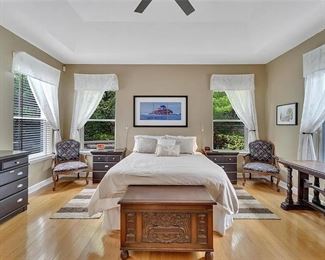 Heavy, dark wood 9 drawer dresser and 2 bedside chests with 3 drawers apiece