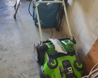 These are only a few months old!!! This Lawn Mower and Pole Saw Combo includes:
G-max 25302 Lawn mower (push button start & dual blades), battery charger and a 5Ah Battery
Fully charged 5Ah lthium-ion battery gives it an approximate runtime of 60 minutes, option of extending this time with an extra battery port. Run-Time varies based on grass condition and operator technique
20-inch cutting deck offers a balance of maneuverability and cutting capacity making it ideal for mid-sized areas, while dual blades offer better cut quality, superior mulching and bagging capabilities
Item's weight is 40.5 lbs. Includes 10 in. rear wheels and 7 in. front wheels for easy maneuver. Use the lever to reach up to 5 height positions, for cutting range of 1-3/4' to 3-3/8'
Innovative Smart Cut technology adjust for power or runtime based on the thickness of your grass. Hard top rear bag indicates when the bag is full and needs to be emptied
Compatible with Greenworks G-MAX 40V Li-Ion System that powers mo