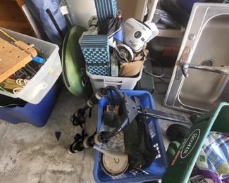 TONS of camping gear, a chuck box, an aluminum kitchen sink, a lawn spreader, Thule 4 bike rack, folding chairs, beach umbrella and stand and MORE!