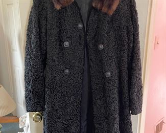 Vintage custom made black broadtail fur coat w/ mink collar