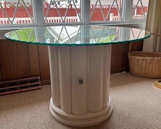 Glass Table with Wooden Cabinet Base by American Signature Furniture Company Plantation Cove Collection 