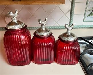 Set of Glass Canisters With Rooster Lids