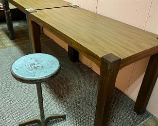 Vintage Wood Utility Tables and Industrial Adjustable Metal Stool  