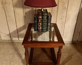 Vintage Wood Side Table and Library Lamp 