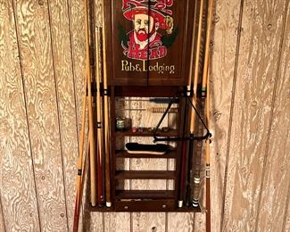 Vintage Billiard Storage and Dart Board with Pool Cues